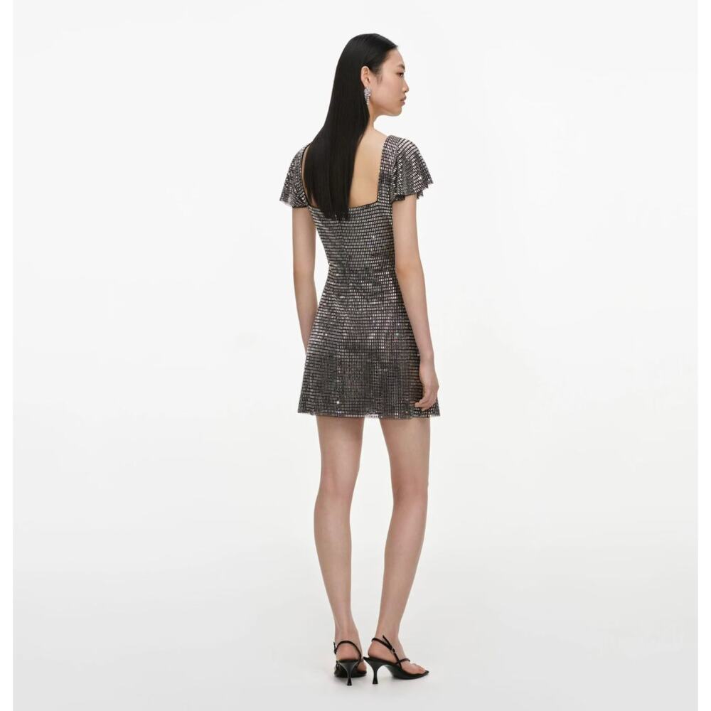 Self-Portrait Grey Rhinestone Mesh Mini Dress - Picture 3 of 12